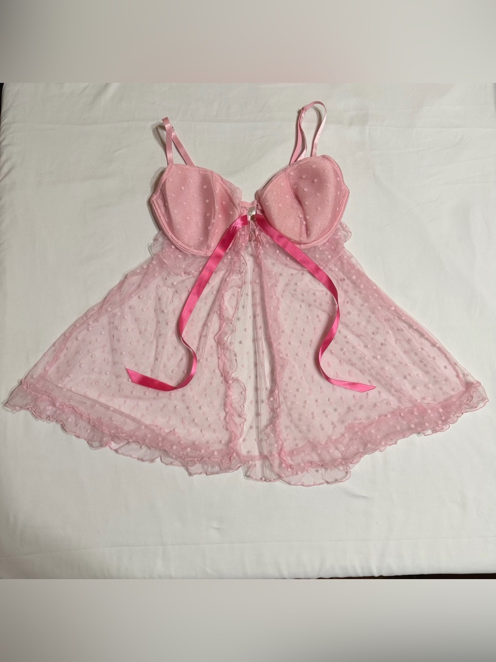Vintage 2009 Victoria’s Secret Pink Dot Mesh Babydoll Slip Underwire Bra 36D